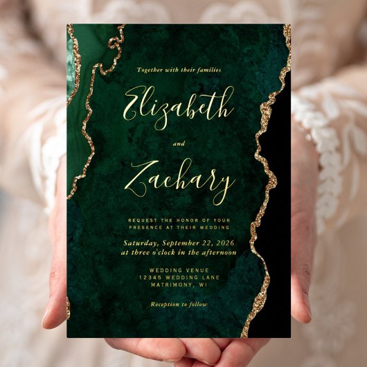 Emerald Green Agate Whimsical Script Wedding Folieneinladung