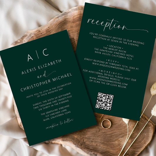 Emerald Green All in one Wedding QR Code Einladung