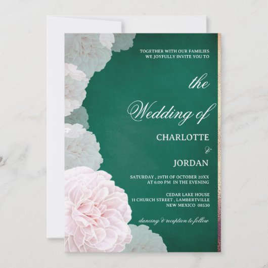 Emerald Green and Blush Pink Peony Wedding Einladung (Vorderseite)