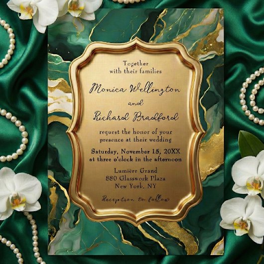 Emerald Green and Gold Agate Marble Luxury Wedding Einladung