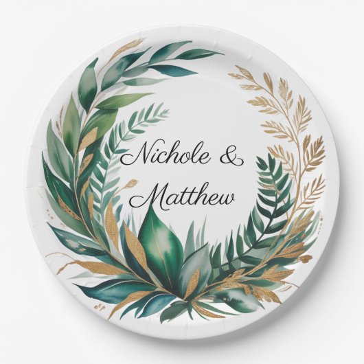Emerald Green and Gold Floral Frame Wedding Pappteller (Vorderseite)