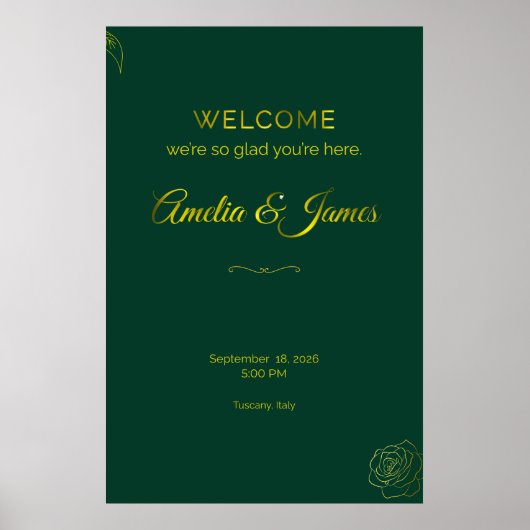 Emerald Green and Gold Leaf Wedding Welcome Sign Poster (Vorne)