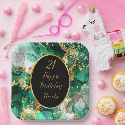 Emerald Green and Gold Marble Agate Birthday Party Pappteller (Party)