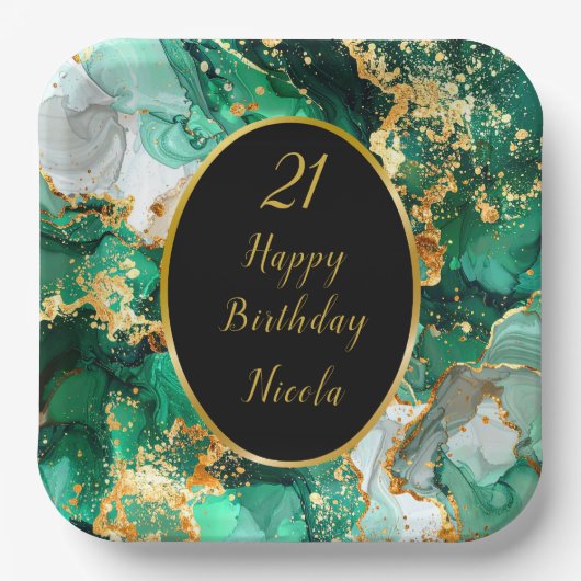 Emerald Green and Gold Marble Agate Birthday Party Pappteller (Vorderseite)