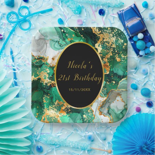 Emerald Green and Gold Marble Agate Birthday Party Pappteller (Party)