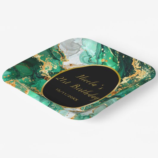 Emerald Green and Gold Marble Agate Birthday Party Pappteller (Gewinkelt)