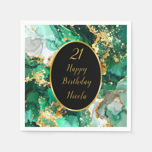Emerald Green and Gold Marble Agate Birthday Party Serviette (Vorderseite)