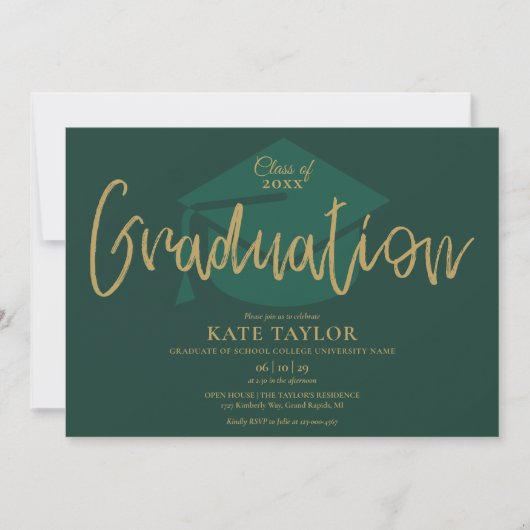 Emerald Green and Gold Script Graduation Party Einladung (Vorderseite)