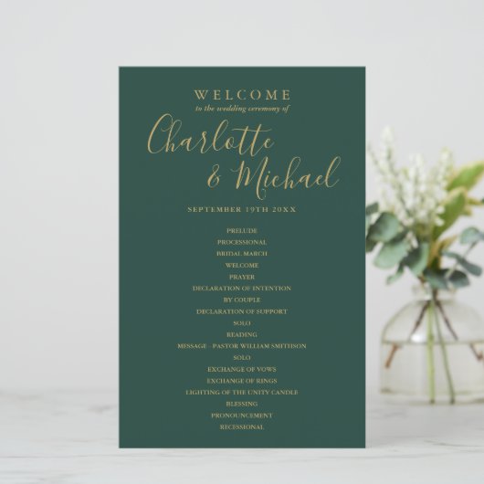 Emerald Green and Gold Script Wedding Program (Stehend Vorderseite)
