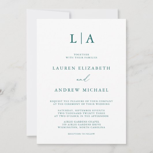 Emerald Green Aquamarin Monogram Minimalistisch We Einladung (Vorderseite)