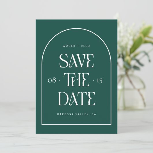 Emerald Green Arch Retro Minimalistisch Moderner S Save The Date (Stehend Vorderseite)