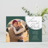 Emerald Green Arched Foto Wedding Calligraphy Save The Date (Stehend Vorderseite)