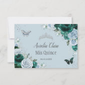 Emerald Green Baby Blue Floral Silver Quinceañera RSVP Karte (Rückseite)