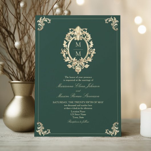 Emerald Green Baroque Gold Wedding Einladung