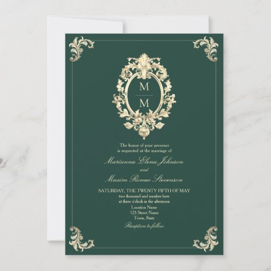 Emerald Green Baroque Gold Wedding Einladung (Vorderseite)