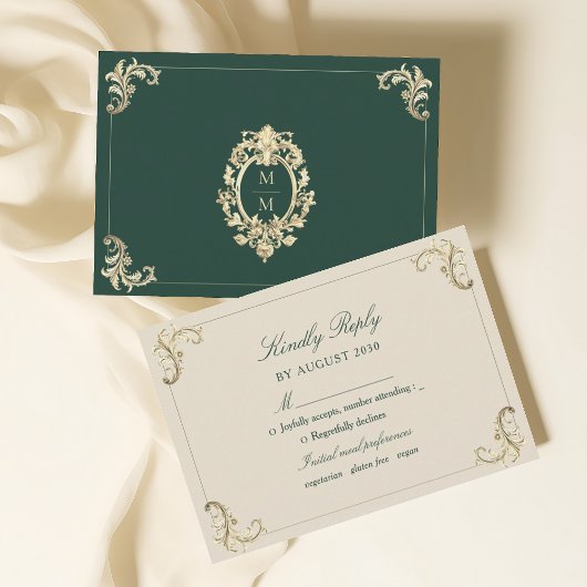 Emerald Green Baroque Gold Wedding RSVP Karte