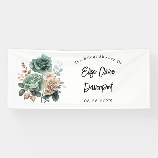 Emerald Green Beige Peony Floral Brautparty Banner (Horizontal)