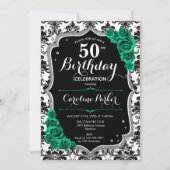 Emerald Green Black Damask Foto 50. Geburtstag Einladung (Vorderseite)