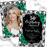 Emerald Green Black Damask Foto 50. Geburtstag Einladung<br><div class="desc">Elegante florale feminine 50. Geburtstagseinladung mit Ihrem Foto auf der Kartenrückseite. Glam Schwarz-weiß smaragdgrün Design mit Imitaten Glitzer Silber. Enthält schwarz-weiße Damasketmuster, grüne Rose, Skript-Schriftart und Konfetti. Ideal für ein stilvolles Party für Erwachsene. Personalisieren Sie Ihre persönlichen Daten. Kann für jedes Alter angepasst werden! Gedruckte Zazzle Einladungen oder Sofortdownload digitalen...</div>