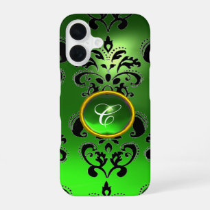 EMERALD GREEN BLACK DAMASK GEM MONOGRAM Floral iPhone 16 Hülle
