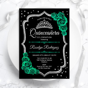 Emerald Green Black Silver Elegante Quinceanera Einladung