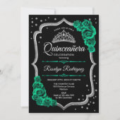 Emerald Green Black Silver Elegante Quinceanera Einladung (Vorderseite)