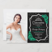 Emerald Green Black Silver Foto Quinceanera Einladung (Vorderseite)