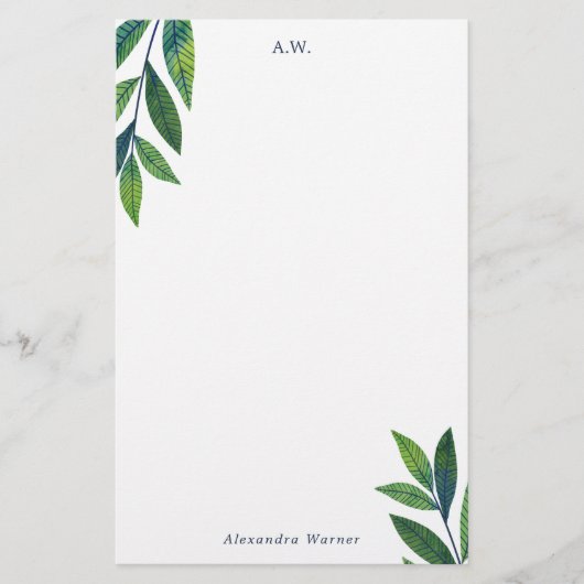 Emerald Green Blätter Monogram Briefpapier (Vorderseite)