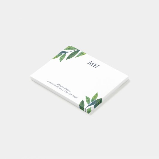 Emerald Green Blätter Monogram Post-it Klebezettel (angewinkelt)