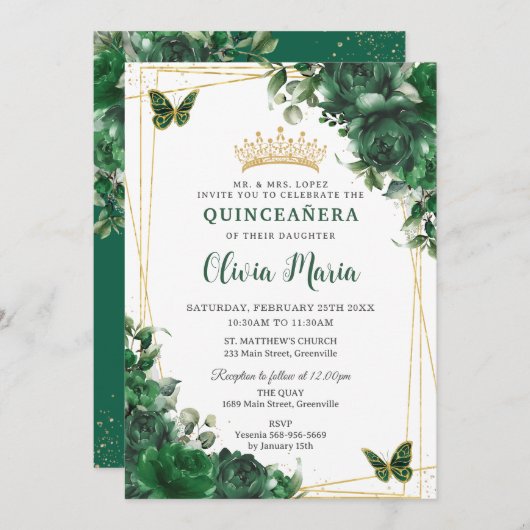 Emerald Green Blume Floral Quinceñera Butterfly Einladung (Vorne/Hinten)
