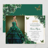 Emerald Green Blume Floral Quinceñera Picture Einladung (Vorne/Hinten)