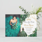 Emerald Green Blume Princess Quinceañera Foto Save The Date (Stehend Vorderseite)