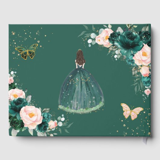 Emerald Green Blush Bloral Princess Quinceañera Gästebuch (Rückseite)