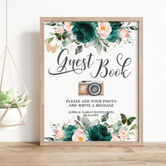 Emerald Green Blush Floral Guest Book Foto Signage Poster