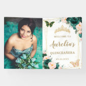 Emerald Green Blush Floral Quinceñera Hintergrund Banner (Horizontal)