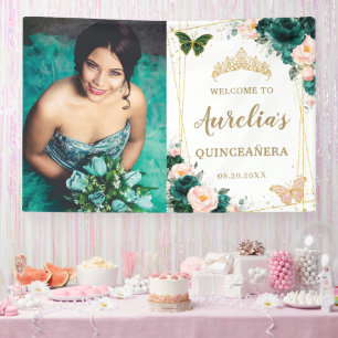Emerald Green Blush Floral Quinceñera Hintergrund Banner