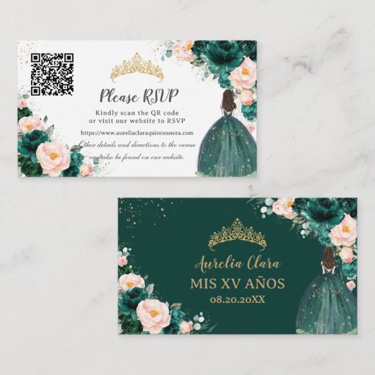 Emerald Green Blush Floral Quinceñera QR Code Begleitkarte (Vorne/Hinten)