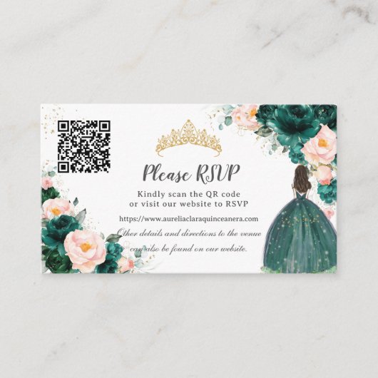 Emerald Green Blush Floral Quinceñera QR Code Begleitkarte (Vorderseite)