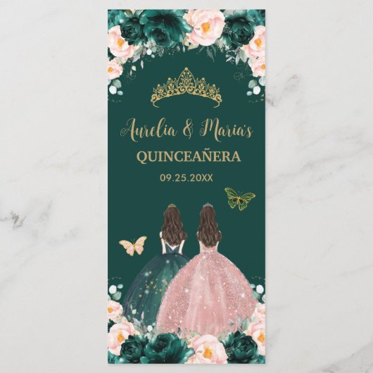 Emerald Green Blush Floral Twins Quinceañera Menü Programm (Rückseite)