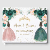 Emerald Green Blush Pink Floral Twins Quinceañera Gästebuch (Vorderseite)