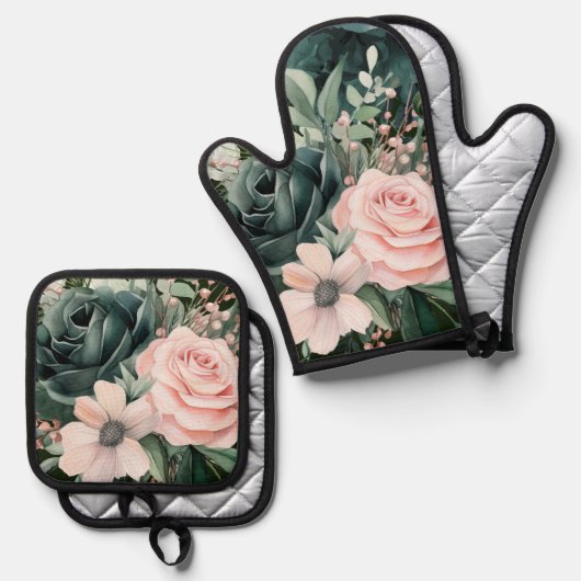 Emerald Green Blush Pink Florals Ofenhandschuh & Topflappen-Set (Vorderseite/Rückseite)