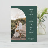 Emerald Green Boho Arc Foto QR-Code Save the Date Einladung (Stehend Vorderseite)