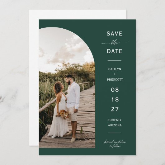 Emerald Green Boho Arc Foto QR-Code Save the Date Einladung (Vorne/Hinten)