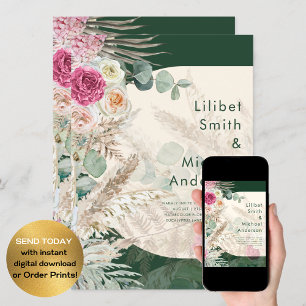 Emerald Green BOHO Blumenrosa Hochzeit Einladung
