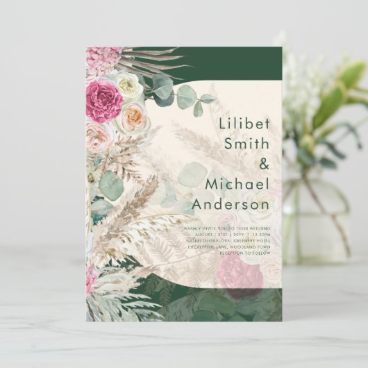 Emerald Green BOHO Blumenrosa Hochzeit Einladung (Stehend Vorderseite)