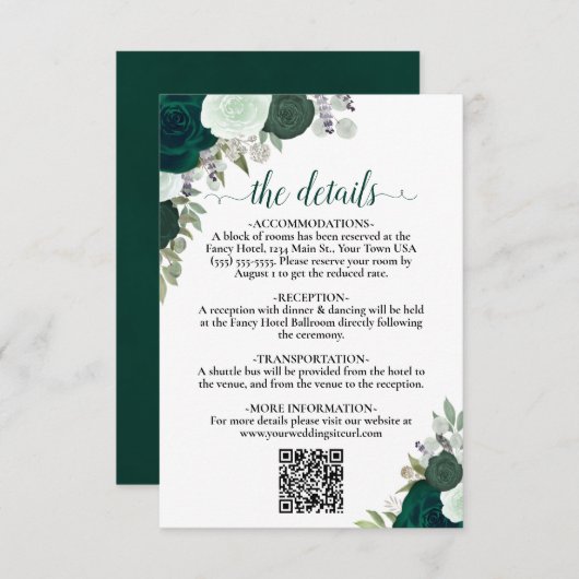 Emerald Green Boho Rose Hochzeitdetails QR-Code Begleitkarte (Vorne/Hinten)