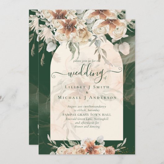 Emerald Green BOHO Terracotta Blumenzehen Einladung (Vorne/Hinten)