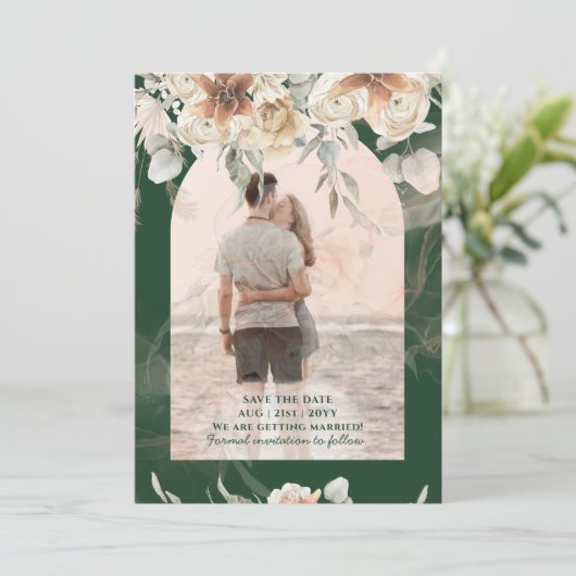 Emerald Green BOHO Terracotta Blumenzehen Save The Date (Stehend Vorderseite)