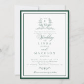 Emerald Green botanical crest monogram wedding Einladung (Vorderseite)