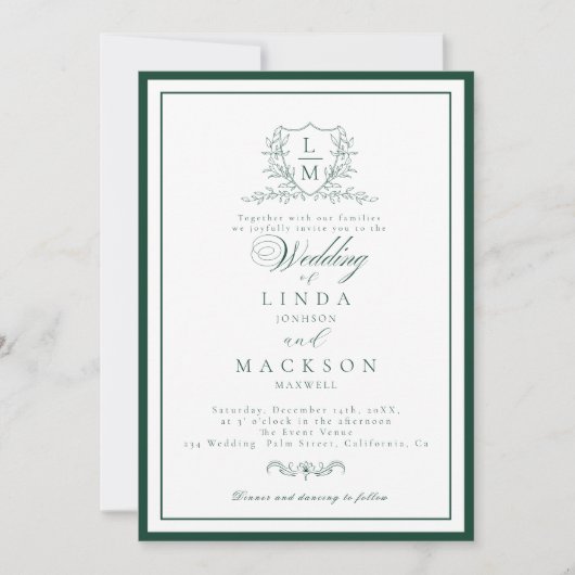 Emerald Green botanical crest monogram wedding Einladung (Vorderseite)
